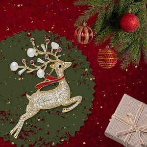 New Sparkly Gold-Tone Reindeer Brooch (2” wide x 1.75” tall) (Version “Prancer”)